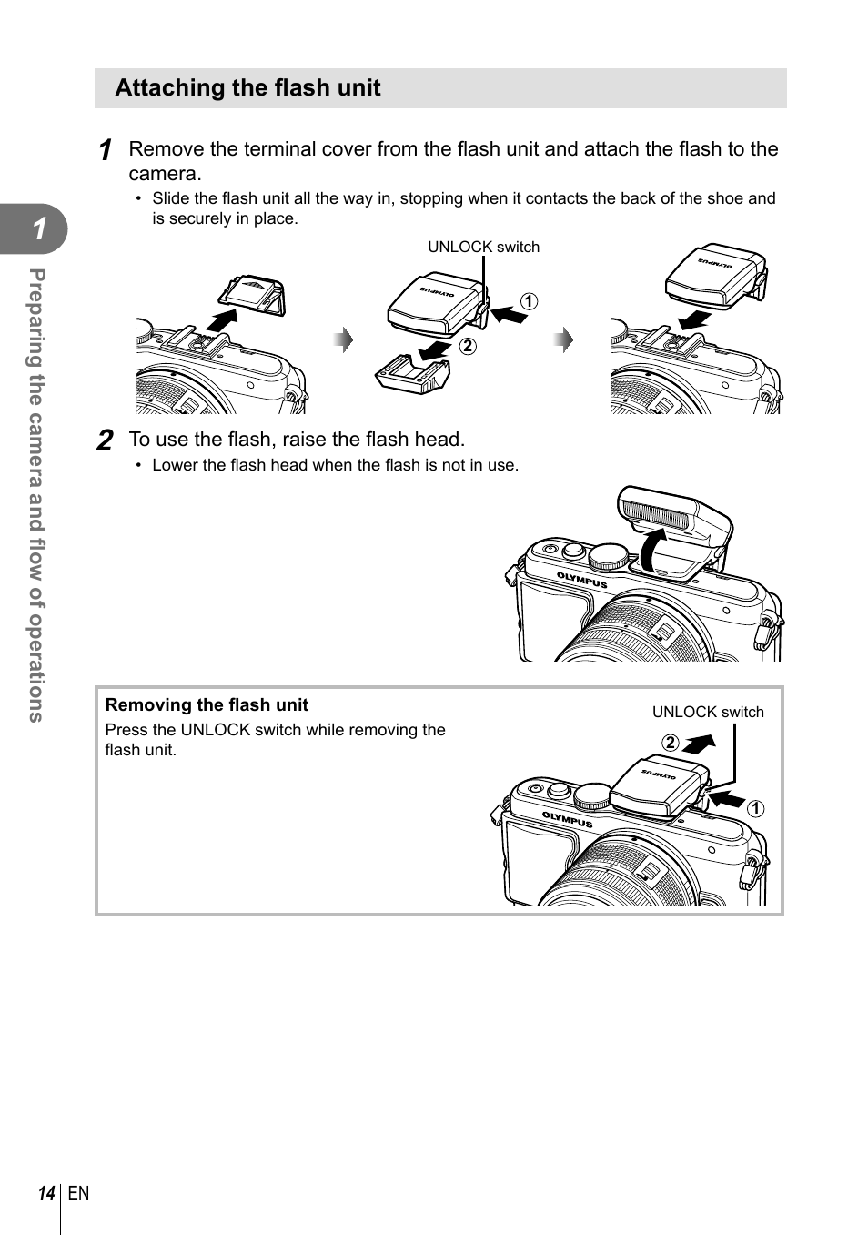 Attaching the fl ash unit | Olympus EPL5 User Manual | Page 14 / 133