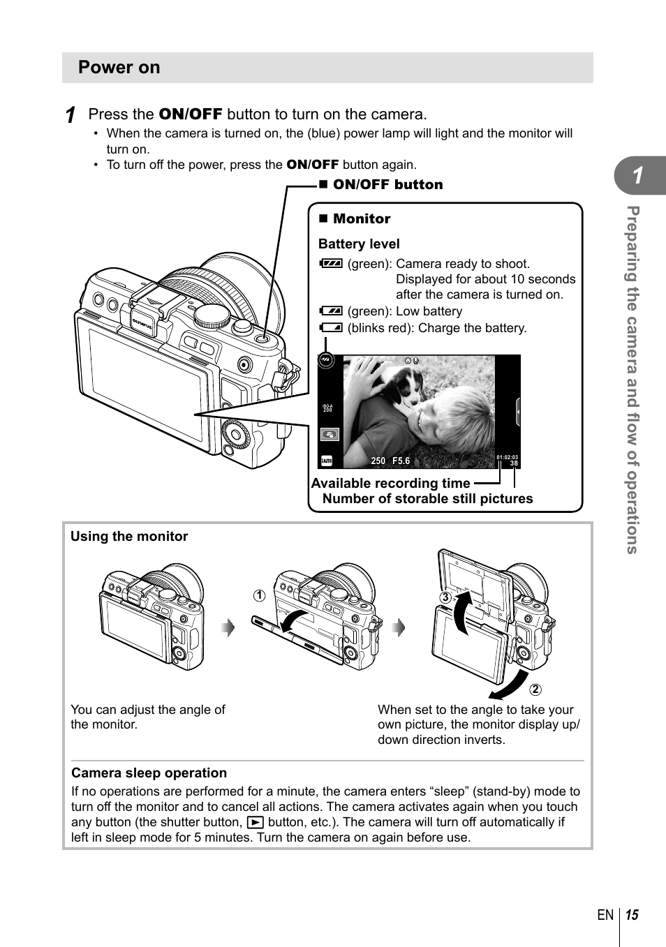 Power on, Preparing the camera and fl ow of operations, Press the on/off button to turn on the camera | 15 en | Olympus EPL5 User Manual | Page 15 / 133