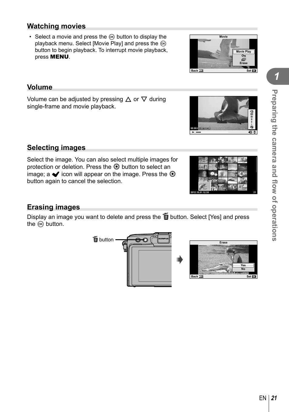 Preparing the camera and fl ow of operations, Watching movies, Volume | Selecting images, Erasing images, 21 en | Olympus EPL5 User Manual | Page 21 / 133