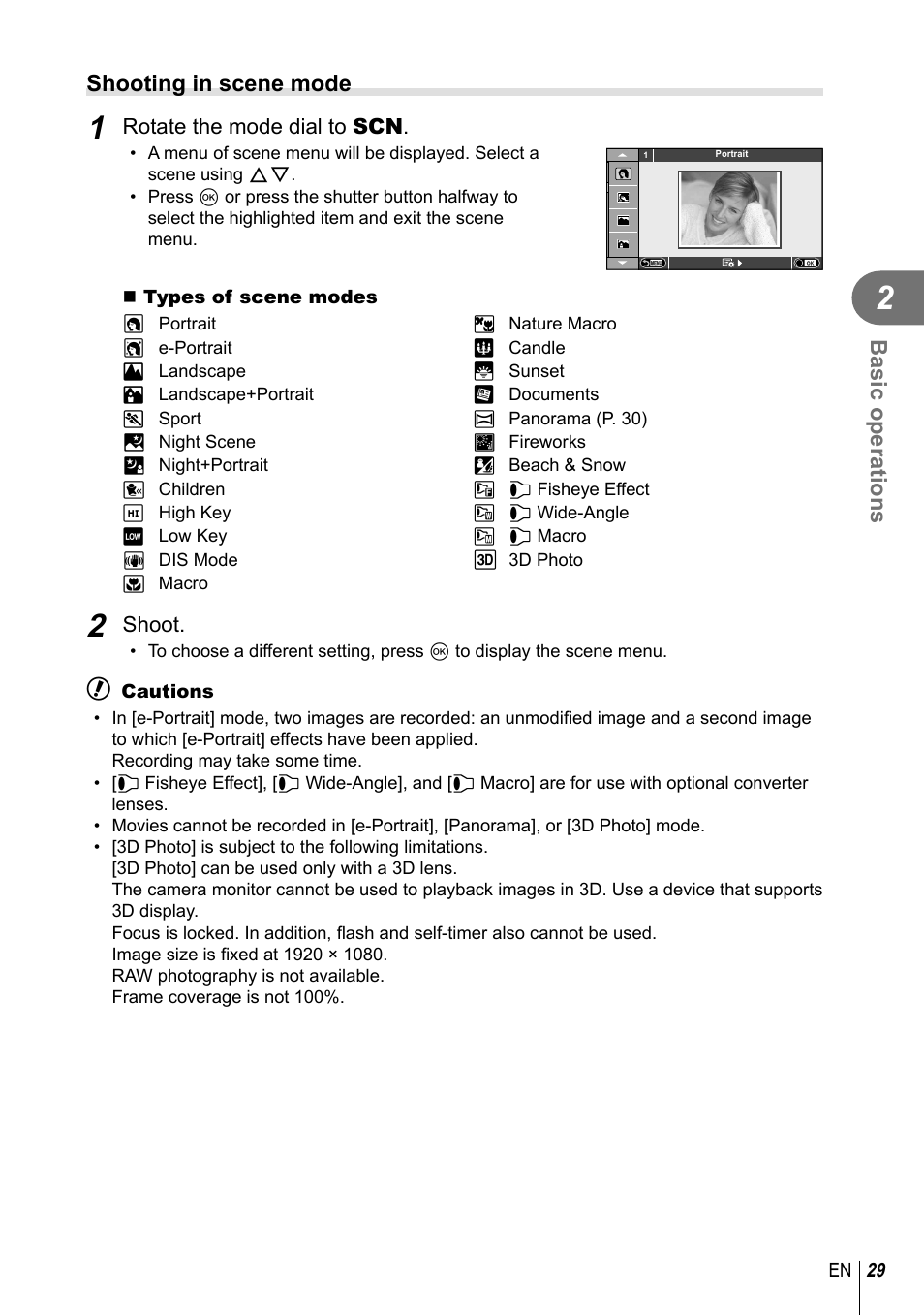 Basic operations, Shooting in scene mode | Olympus EPL5 User Manual | Page 29 / 133