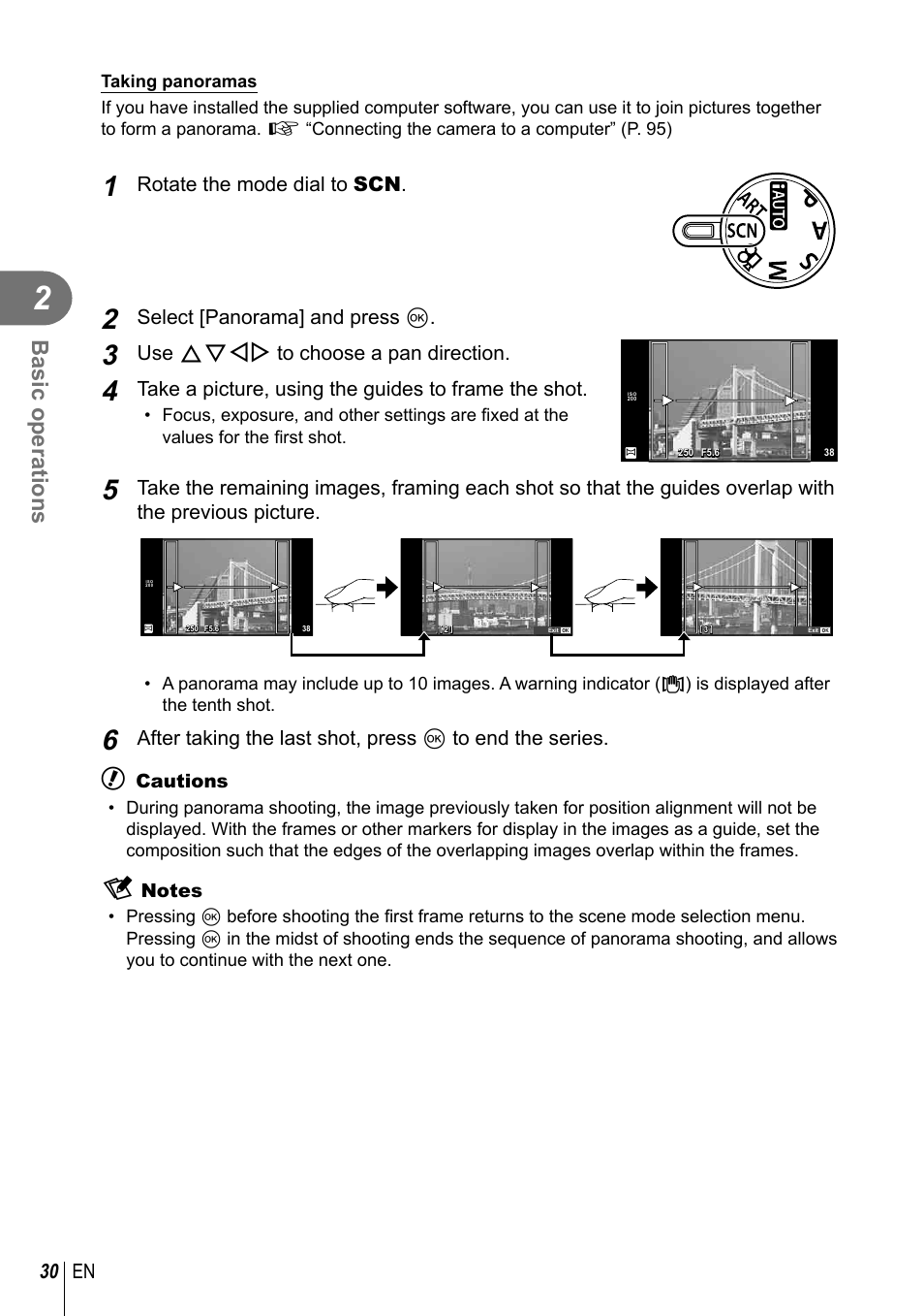 Basic operations, 30 en, Rotate the mode dial to scn | Select [panorama] and press q, Use fghi to choose a pan direction, Take a picture, using the guides to frame the shot | Olympus EPL5 User Manual | Page 30 / 133