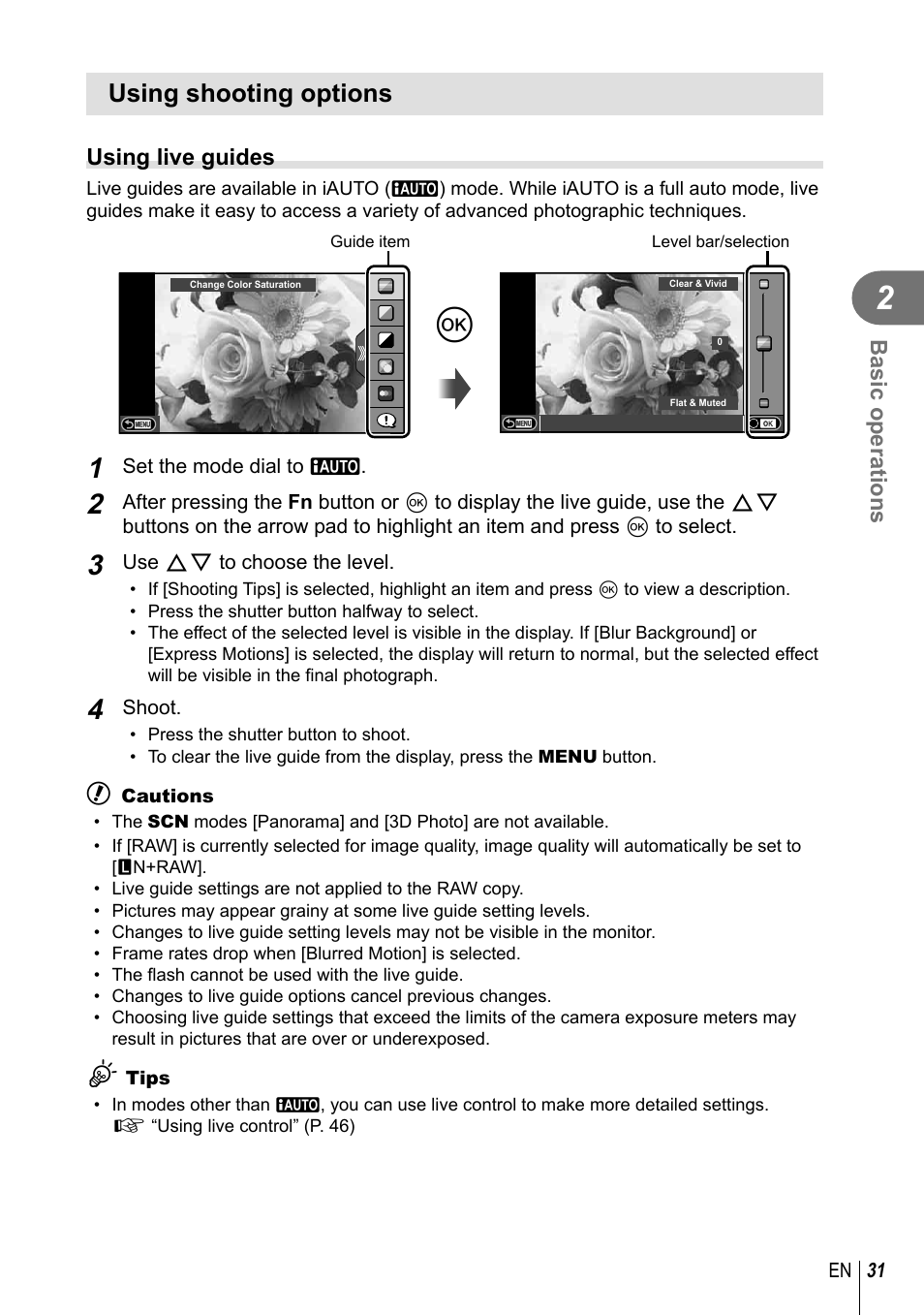 Using shooting options | Olympus EPL5 User Manual | Page 31 / 133