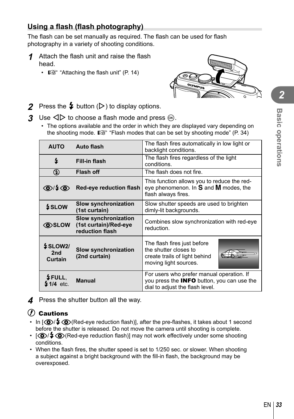 Basic operations, Using a fl ash (fl ash photography) | Olympus EPL5 User Manual | Page 33 / 133