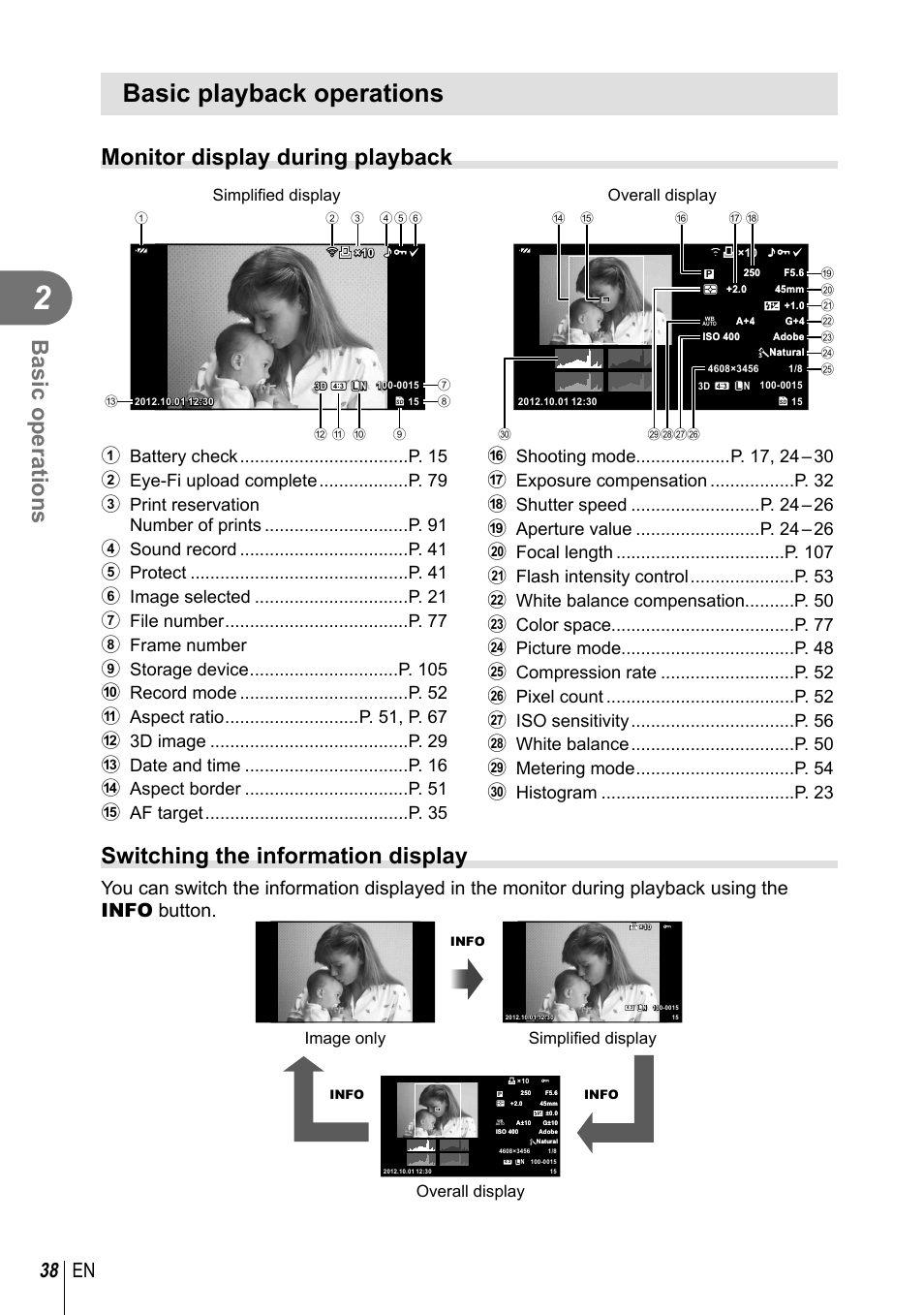 Basic playback operations, Basic operations, Monitor display during playback | Switching the information display, 38 en, Simplifi ed display overall display, Overall display simplifi ed display image only | Olympus EPL5 User Manual | Page 38 / 133