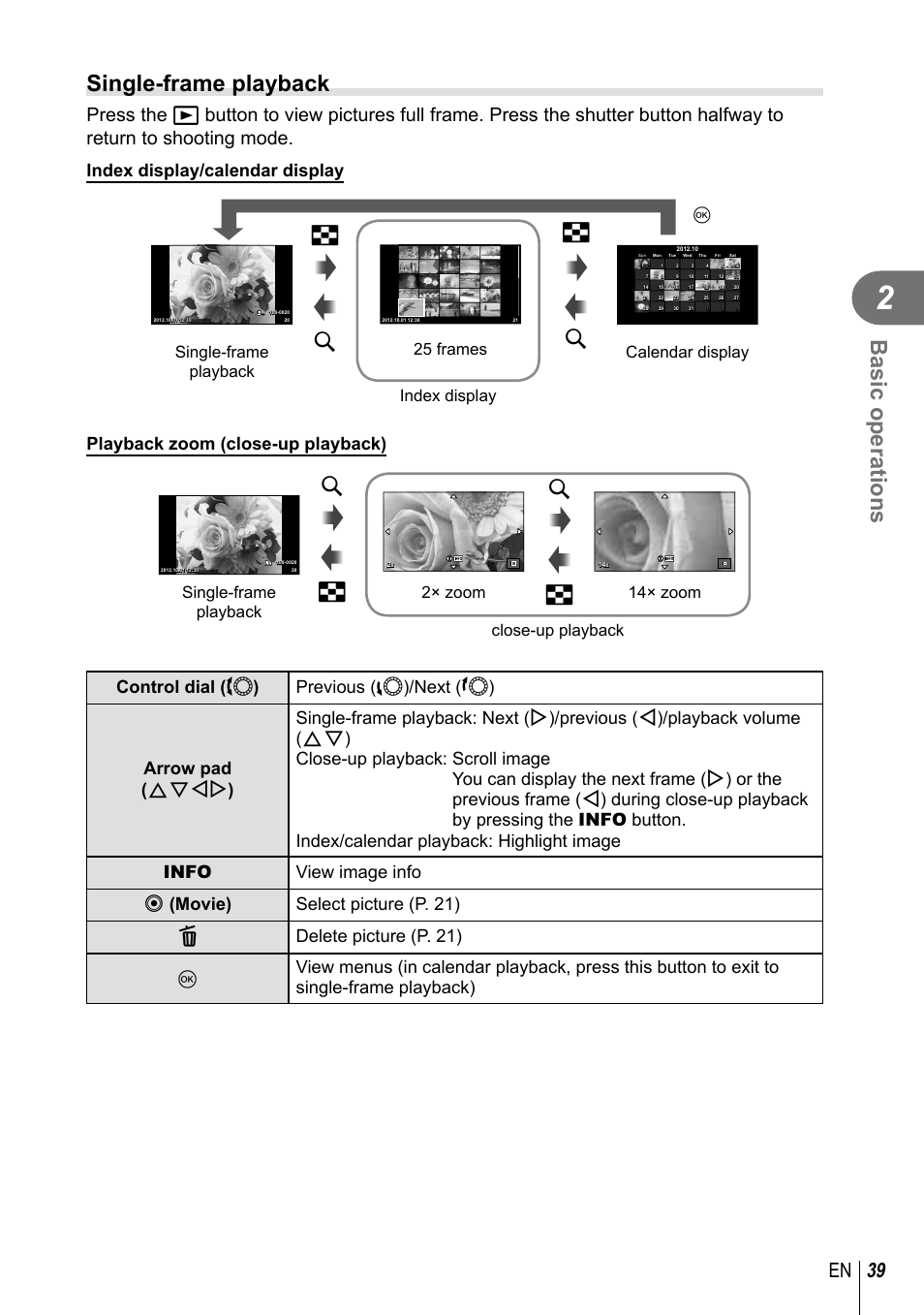 Basic operations, Single-frame playback, 39 en | Gu g u, Gu u, Index display/calendar display, Playback zoom (close-up playback), 25 frames index display q, Single-frame playback calendar display | Olympus EPL5 User Manual | Page 39 / 133