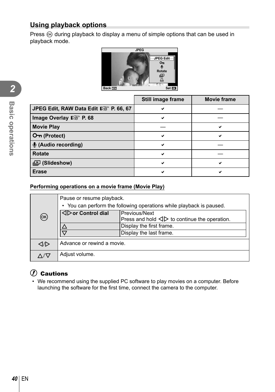 Basic operations, Using playback options | Olympus EPL5 User Manual | Page 40 / 133