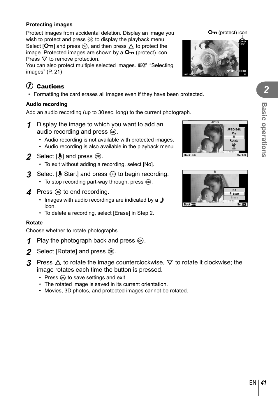 Basic operations, 41 en, Select [r] and press q | Select [r start] and press q to begin recording, Press q to end recording, Play the photograph back and press q, Select [rotate] and press q | Olympus EPL5 User Manual | Page 41 / 133