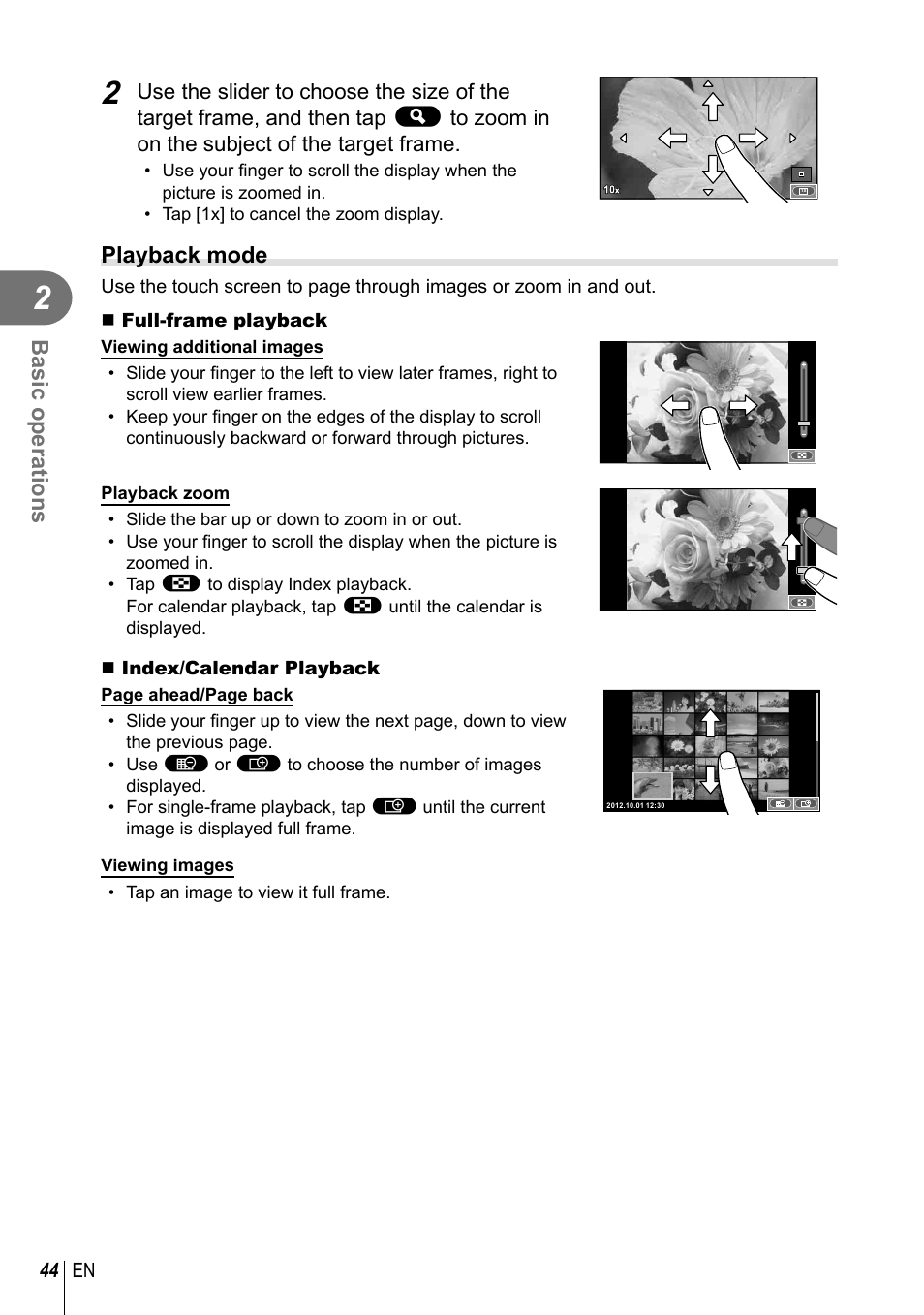 Basic operations, Playback mode | Olympus EPL5 User Manual | Page 44 / 133