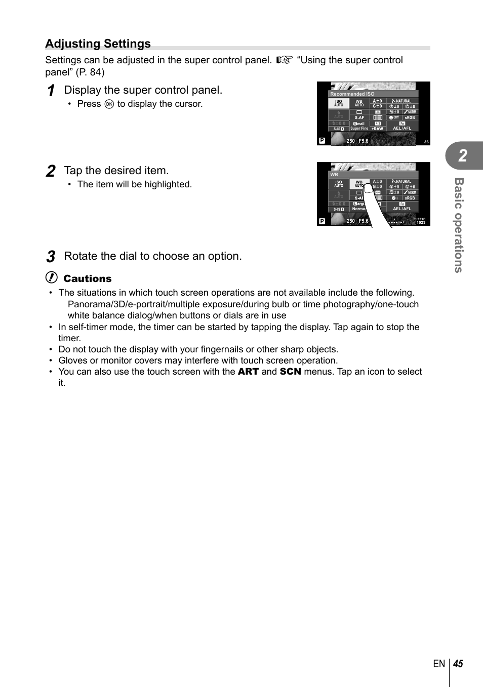Basic operations, Adjusting settings, Display the super control panel | Tap the desired item, Rotate the dial to choose an option, 45 en, Cautions, Press q to display the cursor, The item will be highlighted | Olympus EPL5 User Manual | Page 45 / 133