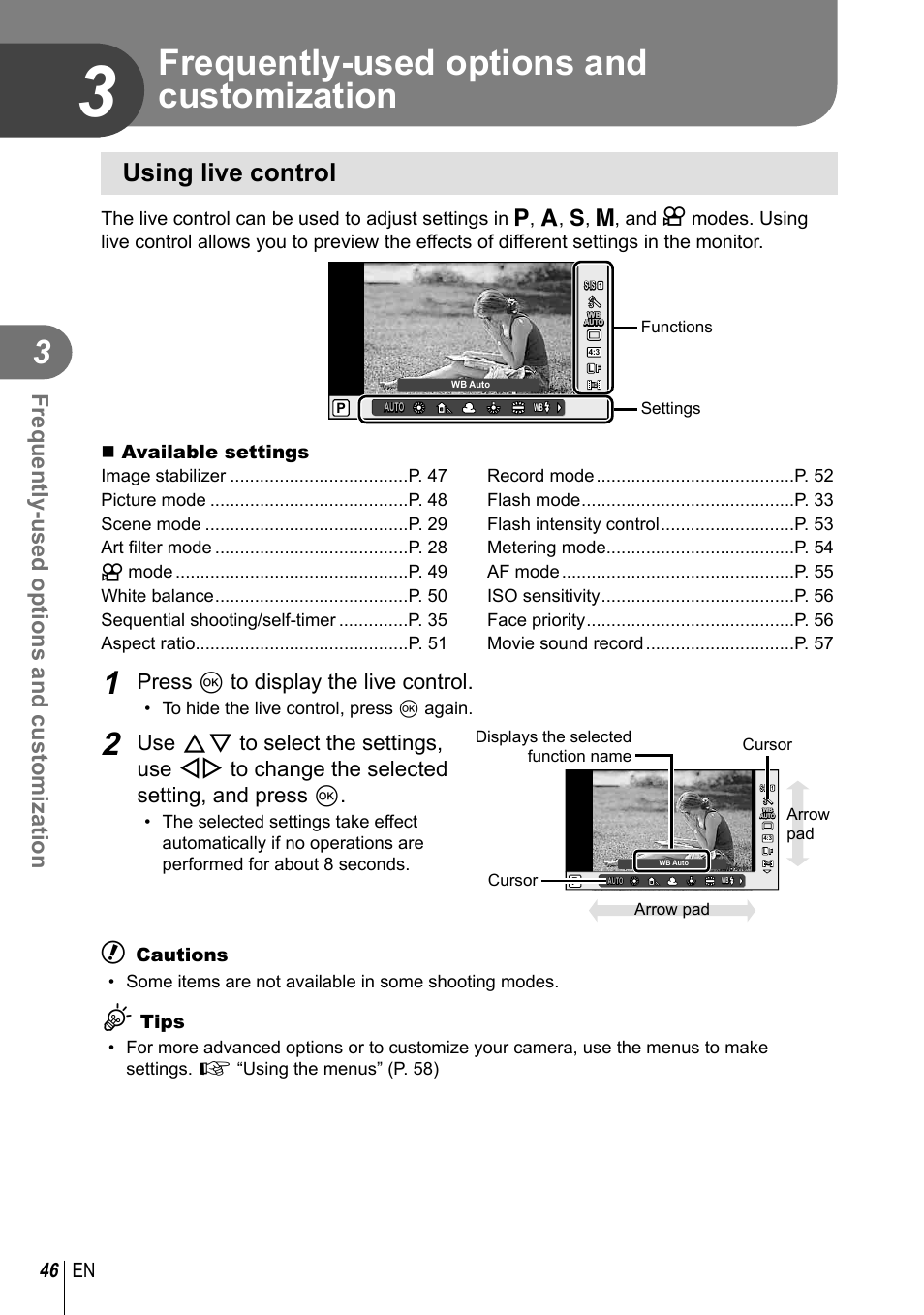 Frequently-used options and customization, Using live control, Press q to display the live control | 46 en, Available settings, Cautions, Tips | Olympus EPL5 User Manual | Page 46 / 133