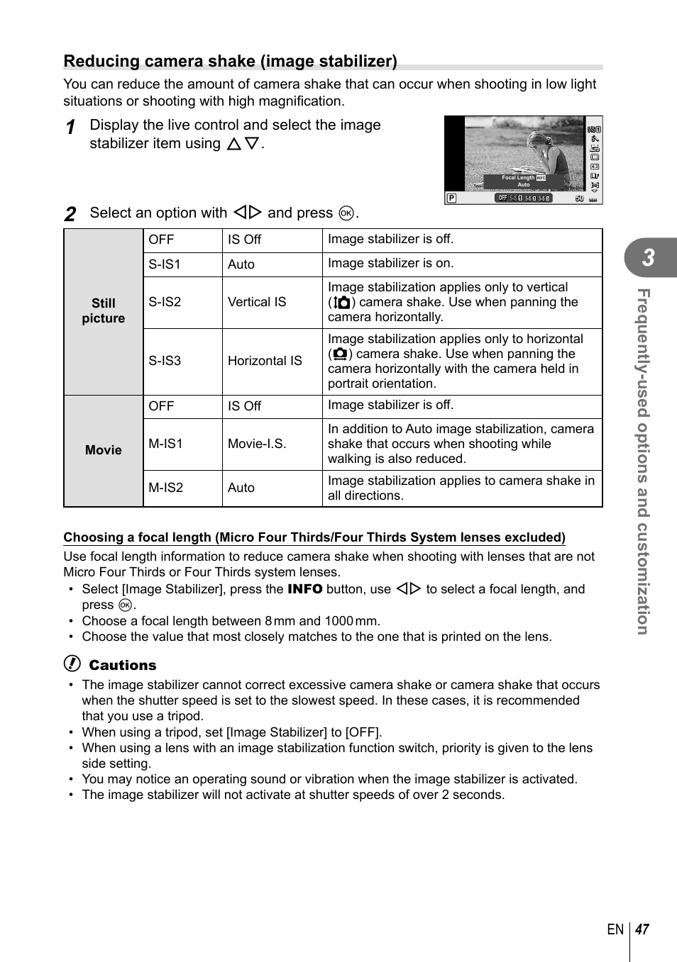Frequently-used options and customization, Reducing camera shake (image stabilizer), 47 en | Select an option with hi and press q, Cautions | Olympus EPL5 User Manual | Page 47 / 133