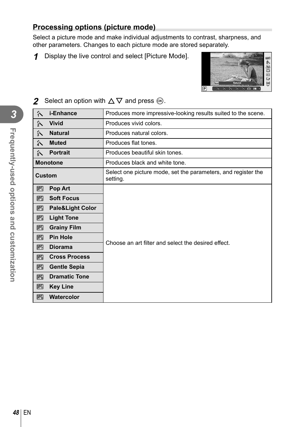 Frequently-used options and customization, Processing options (picture mode), 48 en | Display the live control and select [picture mode, Select an option with fg and press q | Olympus EPL5 User Manual | Page 48 / 133