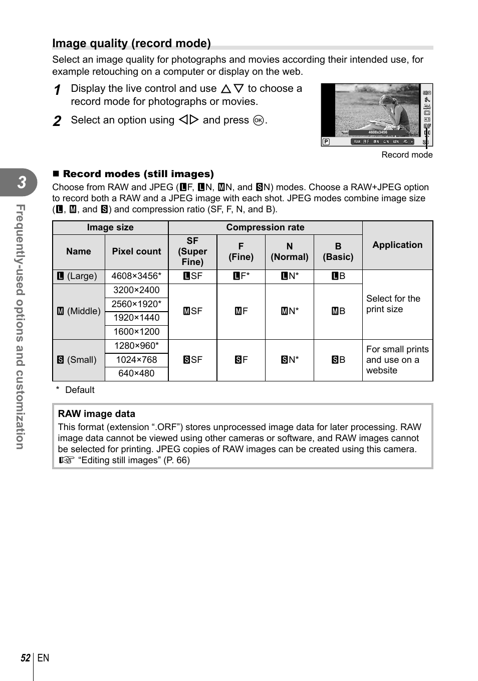 Frequently-used options and customization, Image quality (record mode), 52 en | Select an option using hi and press q, Record modes (still images), Raw image data | Olympus EPL5 User Manual | Page 52 / 133