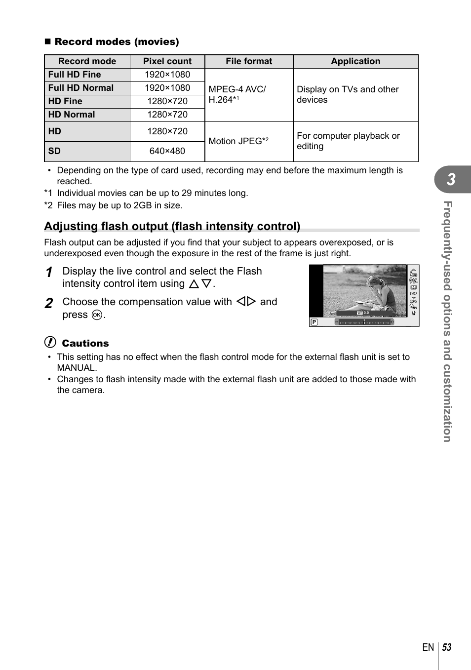 Frequently-used options and customization, Adjusting fl ash output (fl ash intensity control), 53 en | Choose the compensation value with hi and press q | Olympus EPL5 User Manual | Page 53 / 133