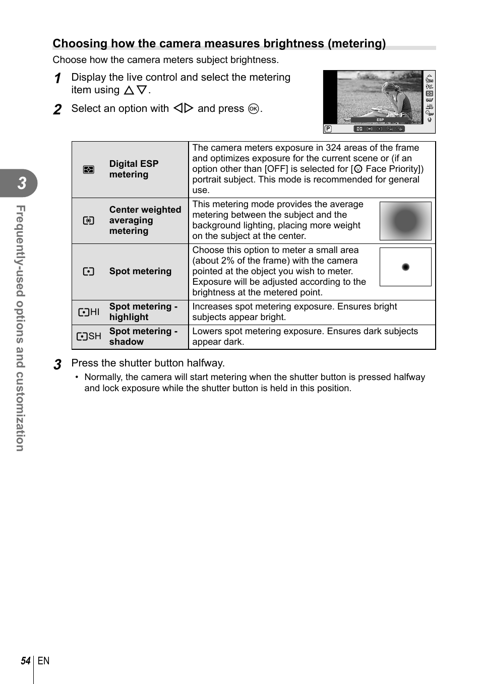 Frequently-used options and customization, 54 en, Select an option with hi and press q | Press the shutter button halfway, Choose how the camera meters subject brightness | Olympus EPL5 User Manual | Page 54 / 133