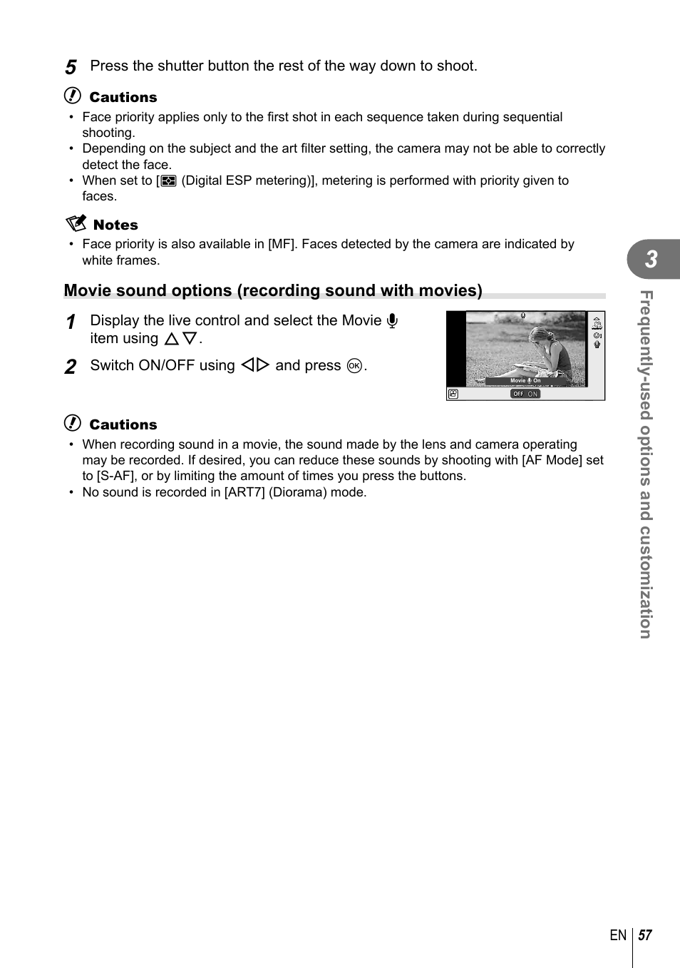 Frequently-used options and customization, Movie sound options (recording sound with movies), 57 en | Switch on/off using hi and press q, Cautions | Olympus EPL5 User Manual | Page 57 / 133