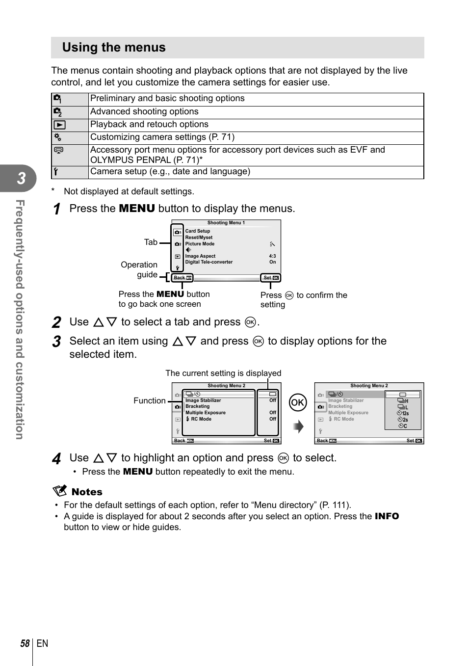 Using the menus, Frequently-used options and customization, Press the menu button to display the menus | Use fg to select a tab and press q, 58 en | Olympus EPL5 User Manual | Page 58 / 133