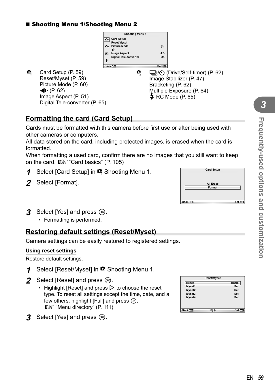 Frequently-used options and customization, Formatting the card (card setup), Restoring default settings (reset/myset) | 59 en, Select [card setup] in w shooting menu 1, Select [format, Select [yes] and press q, Select [reset/myset] in w shooting menu 1, Select [reset] and press q | Olympus EPL5 User Manual | Page 59 / 133