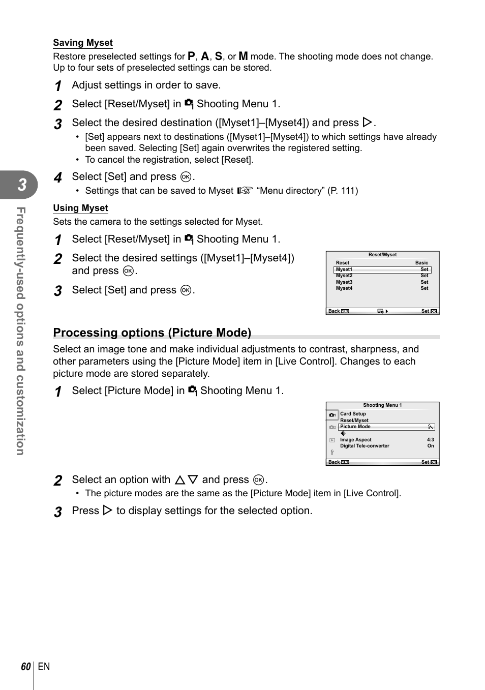 Frequently-used options and customization, Processing options (picture mode) | Olympus EPL5 User Manual | Page 60 / 133