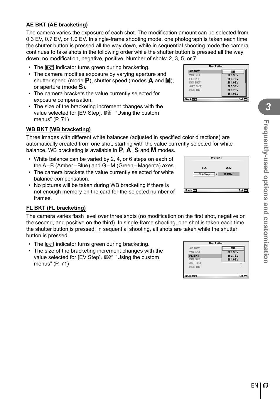 Frequently-used options and customization, 63 en | Olympus EPL5 User Manual | Page 63 / 133