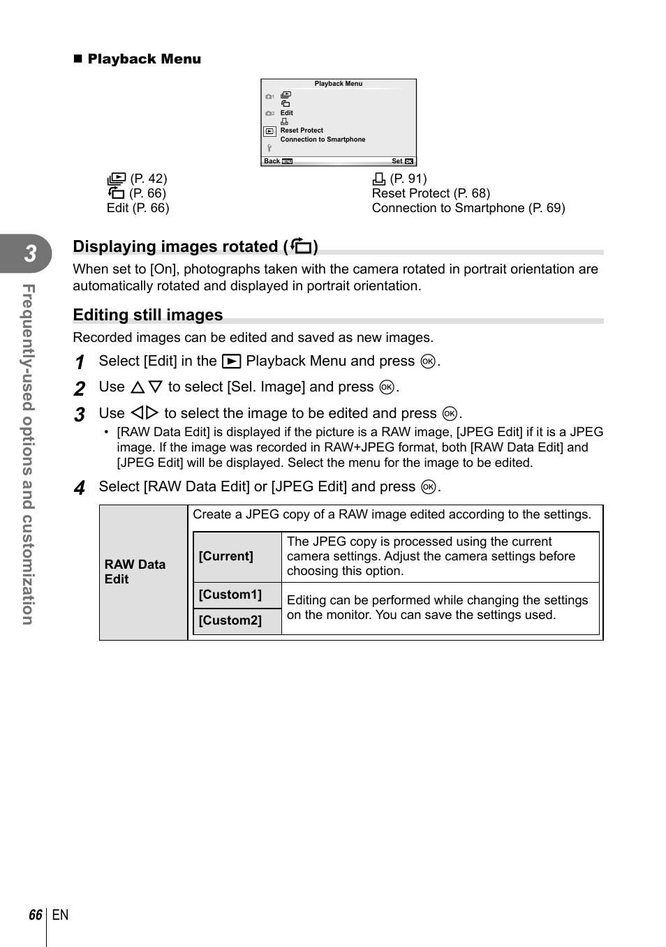 Frequently-used options and customization, Displaying images rotated ( r ), Editing still images | Olympus EPL5 User Manual | Page 66 / 133