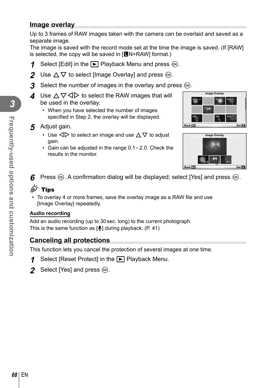 Frequently-used options and customization, Image overlay, Canceling all protections | Olympus EPL5 User Manual | Page 68 / 133