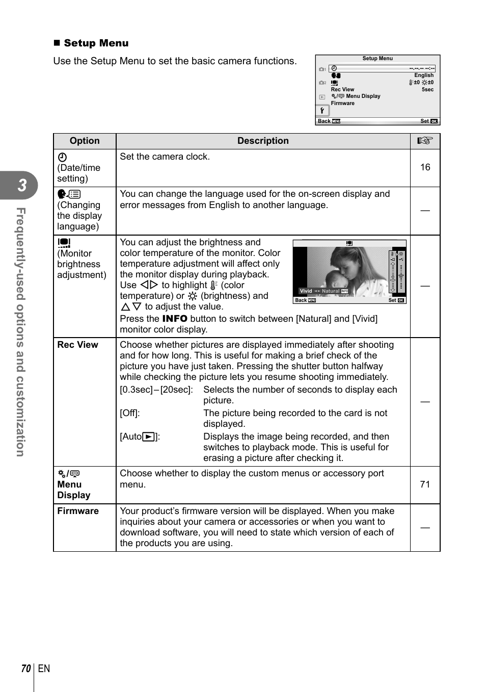 Frequently-used options and customization, 70 en | Olympus EPL5 User Manual | Page 70 / 133