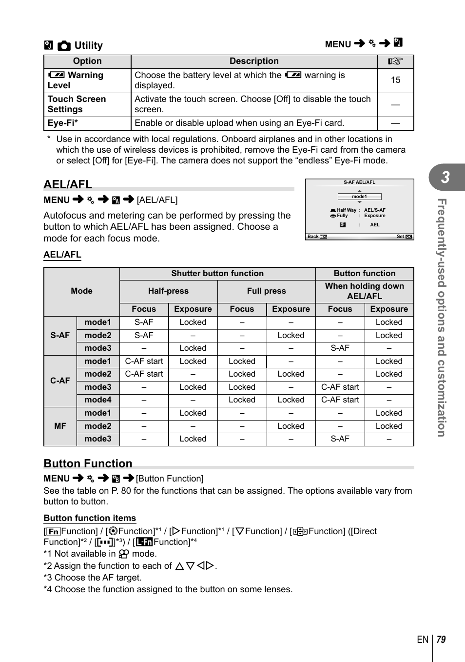 Frequently-used options and customization, Ael/afl, Button function | 79 en, B k utility | Olympus EPL5 User Manual | Page 79 / 133