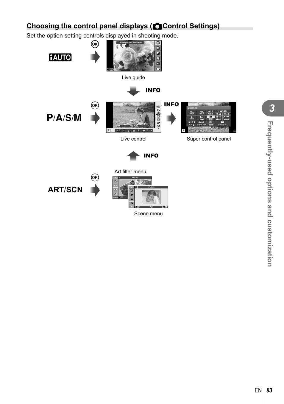 P/a/s/m art / scn, Frequently-used options and customization, 83 en | Info, Art fi lter menu | Olympus EPL5 User Manual | Page 83 / 133