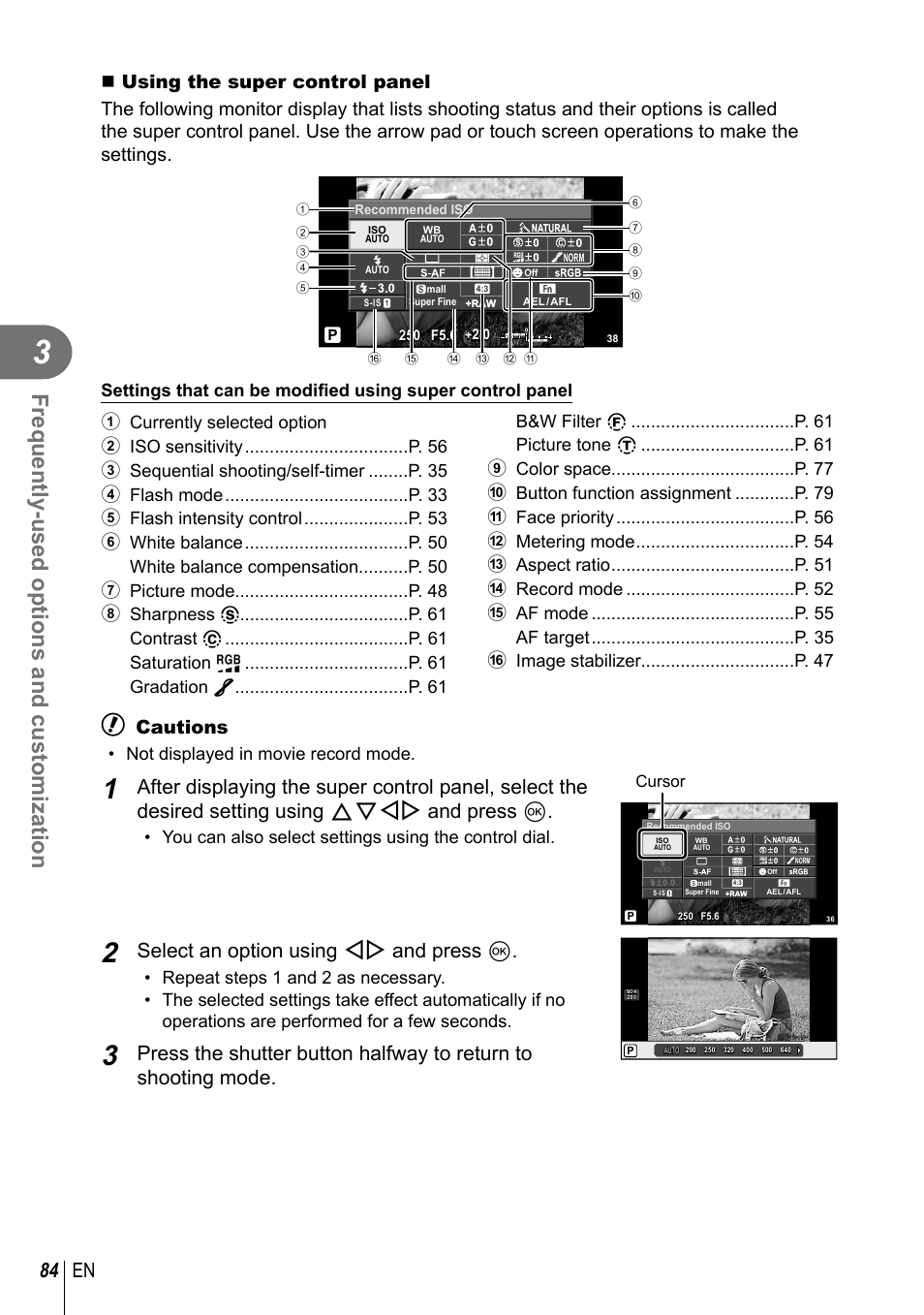 Frequently-used options and customization, 84 en, Select an option using hi and press q | Cautions, Not displayed in movie record mode | Olympus EPL5 User Manual | Page 84 / 133