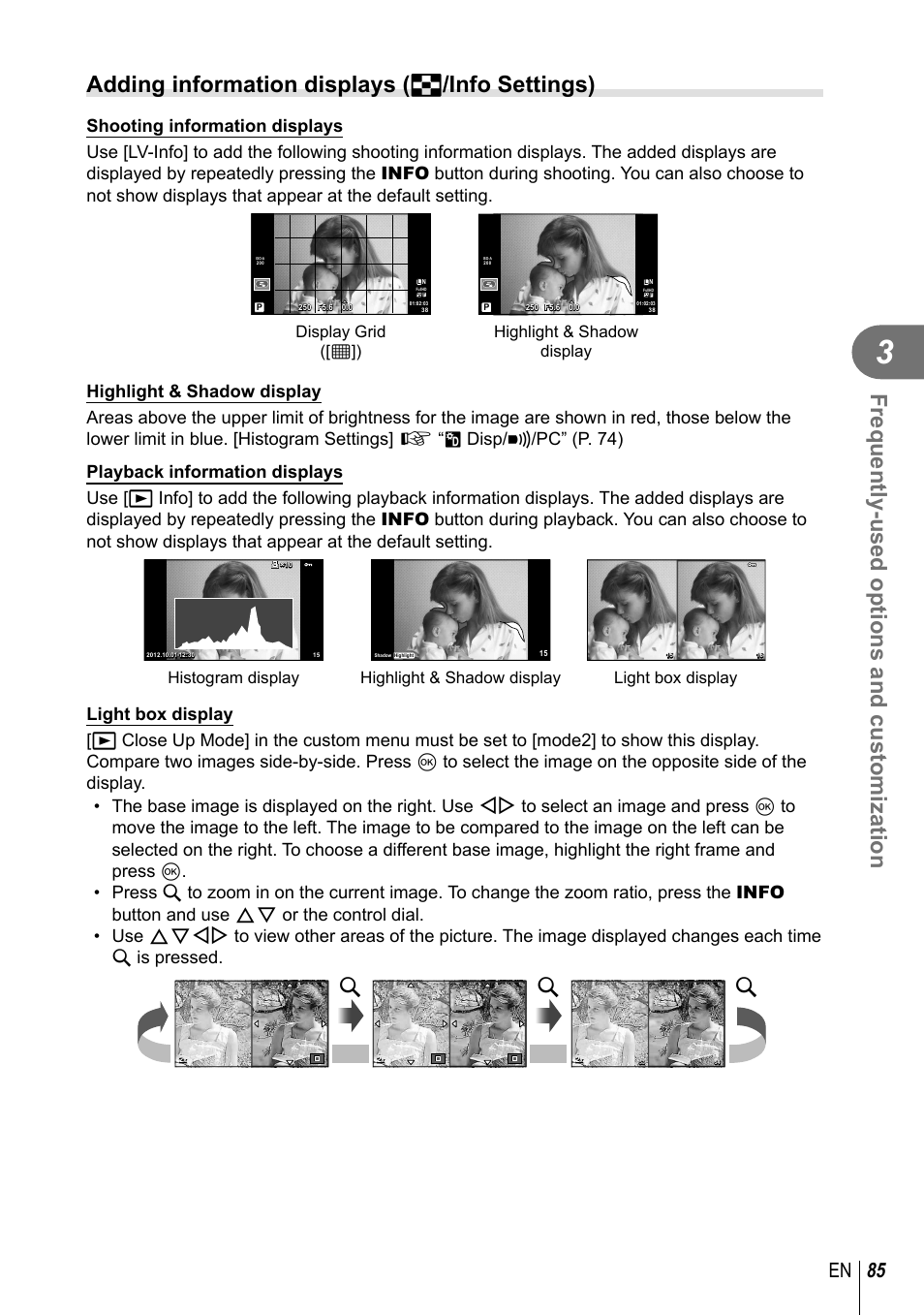 Frequently-used options and customization, Adding information displays ( g /info settings), 85 en | Highlight & shadow display display grid ([w]) | Olympus EPL5 User Manual | Page 85 / 133