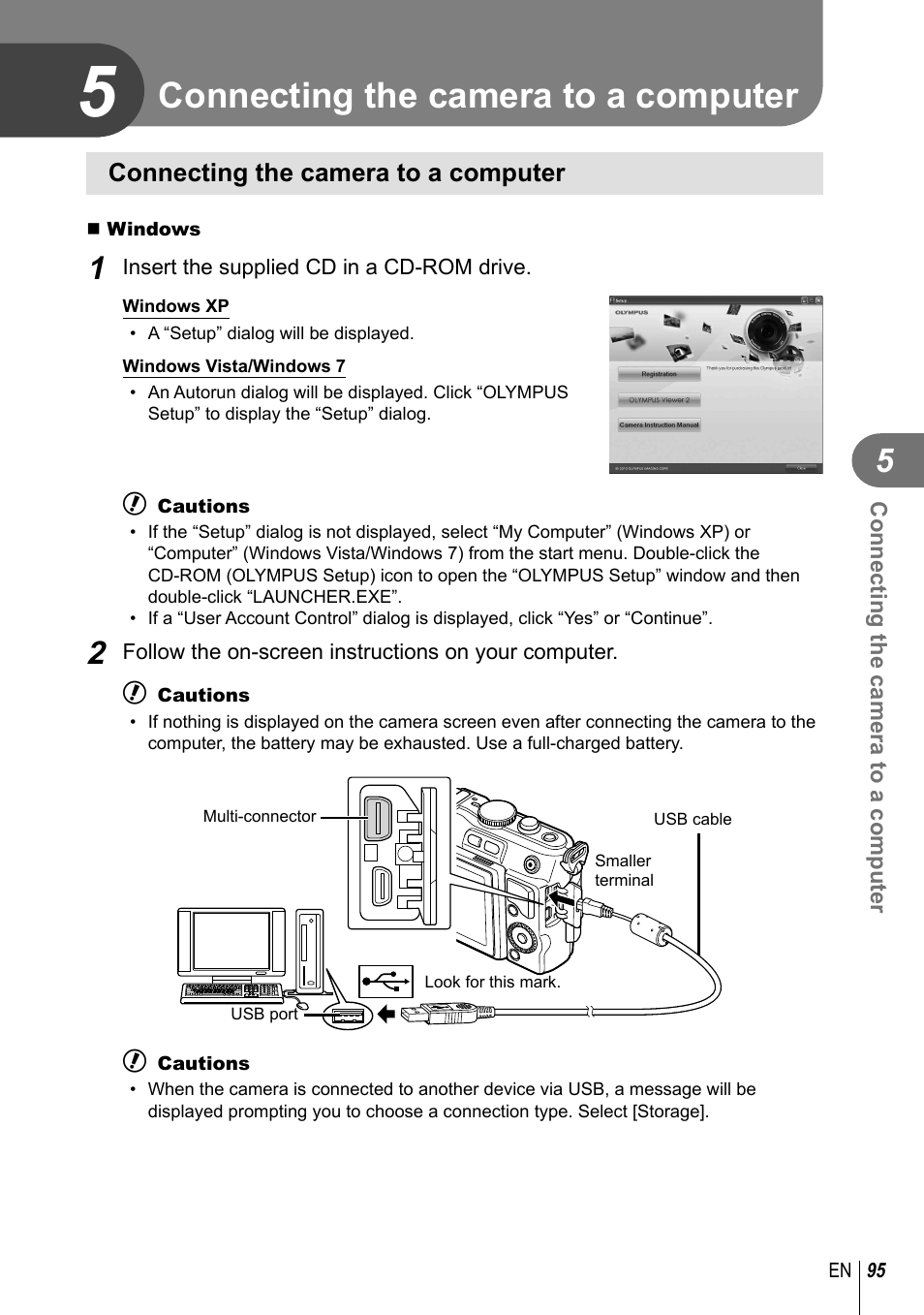 Connecting the camera to a computer | Olympus EPL5 User Manual | Page 95 / 133