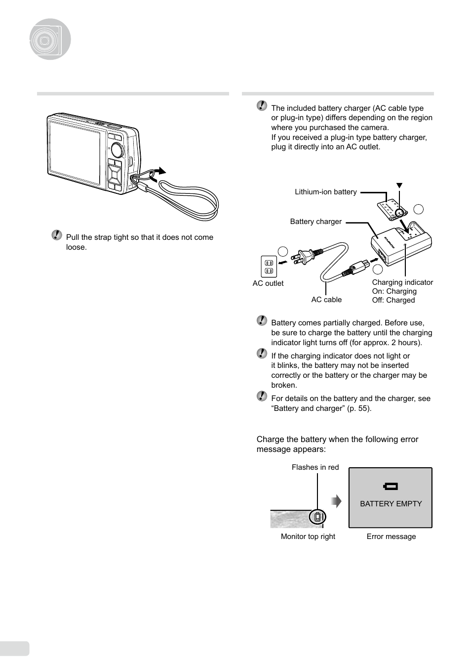 Preparing the camera, Attaching the camera strap, Charging the battery | 10 en | Olympus µ-7000 User Manual | Page 10 / 68