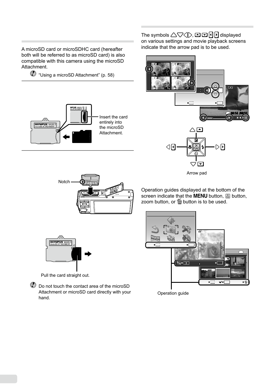 Arrow pad and operation guide, 1 en arrow pad and operation guide, Insert the microsd attachment into the camera | Olympus µ-7000 User Manual | Page 12 / 68