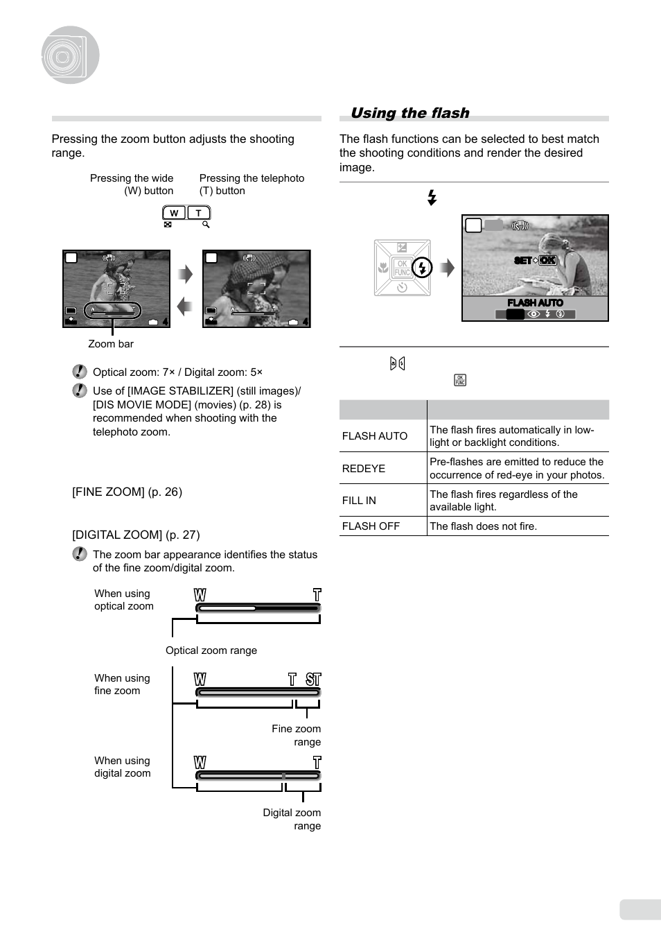 Using shooting functions, Using the optical zoom, Using the flash | 19 en using the flash, Press the # button | Olympus µ-7000 User Manual | Page 19 / 68