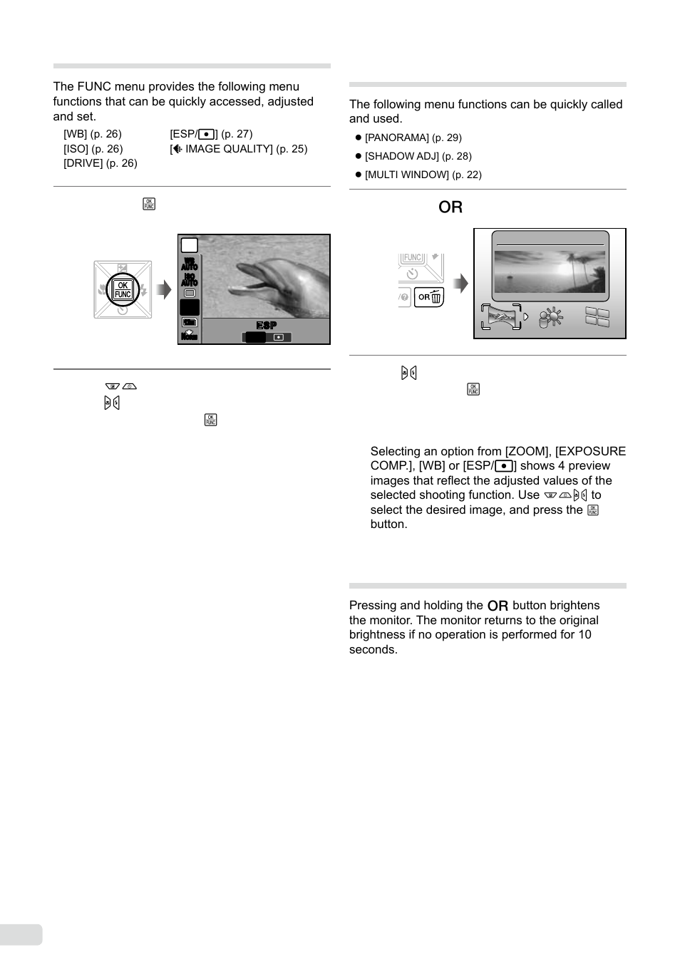 Using the func menu, Quickly calling and using shooting functions, Brightening the monitor (backlight boost) | En using the func menu | Olympus µ-7000 User Manual | Page 22 / 68