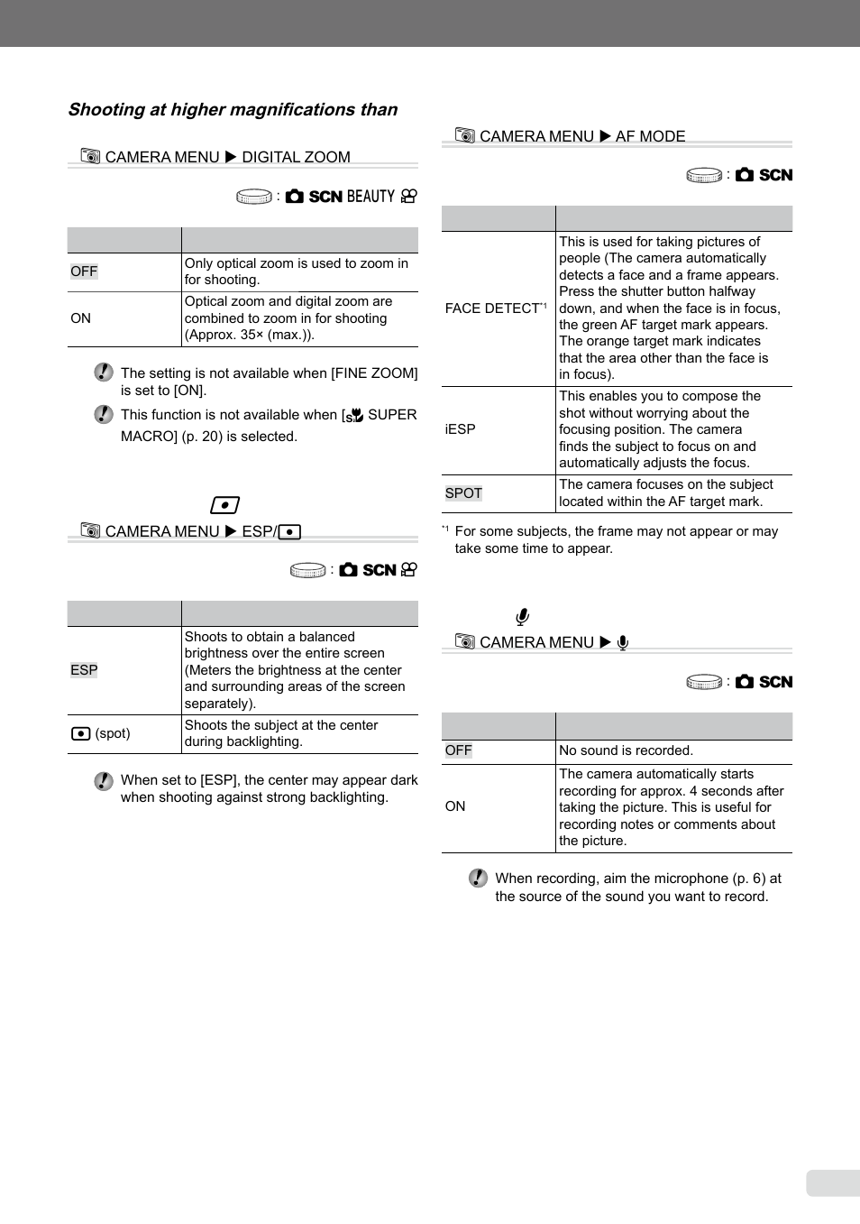 Selecting the method for measuring the brightness, Selecting the focusing area, Recording sound when shooting still images | 7 en, Selecting the focusing area [af mode] b, Recording sound when shooting still images [ r ] b | Olympus µ-7000 User Manual | Page 27 / 68