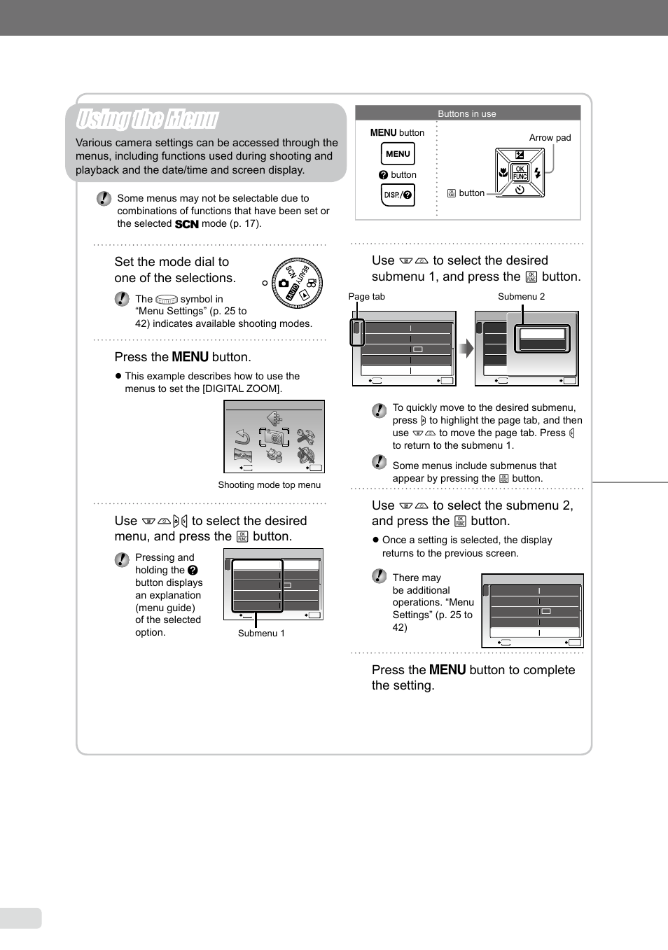 Using the menu, Three ways to adjust settings, Press the  button to complete the setting | Set the mode dial to one of the selections, Press the  button | Olympus µ-7000 User Manual | Page 3 / 68