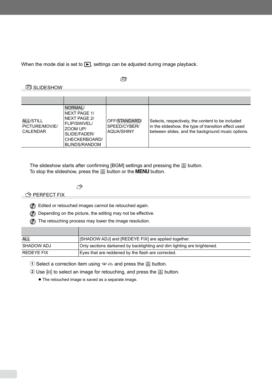 Playing back pictures automatically, Retouching images, Menus for playback, editing | And printing functions, 3 en | Olympus µ-7000 User Manual | Page 32 / 68