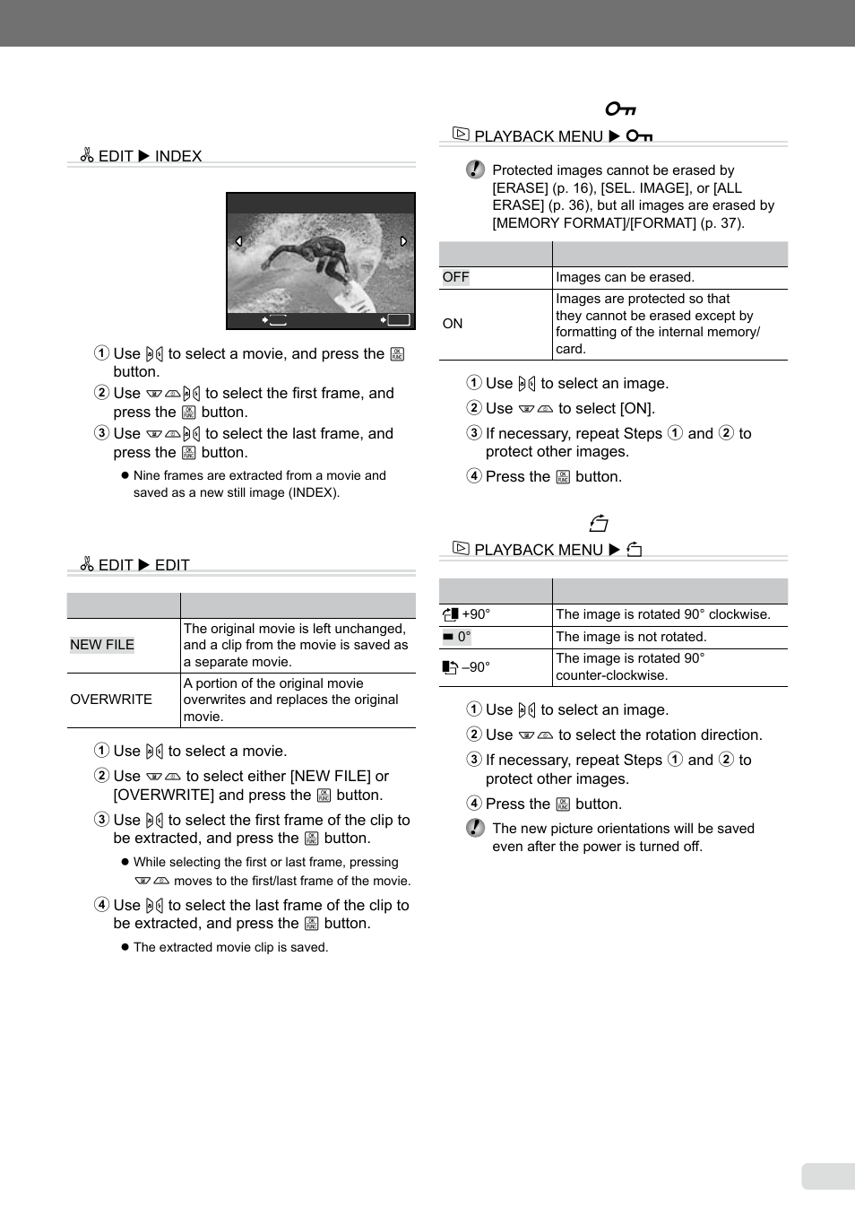 Creating an index of 9 frames from a movie, Extracting a clip from a movie, Protecting images | Rotating images, 35 en, Extracting a clip from a movie [edit] i, Protecting images [ 0 ] j, Rotating images [ y ] j | Olympus µ-7000 User Manual | Page 35 / 68