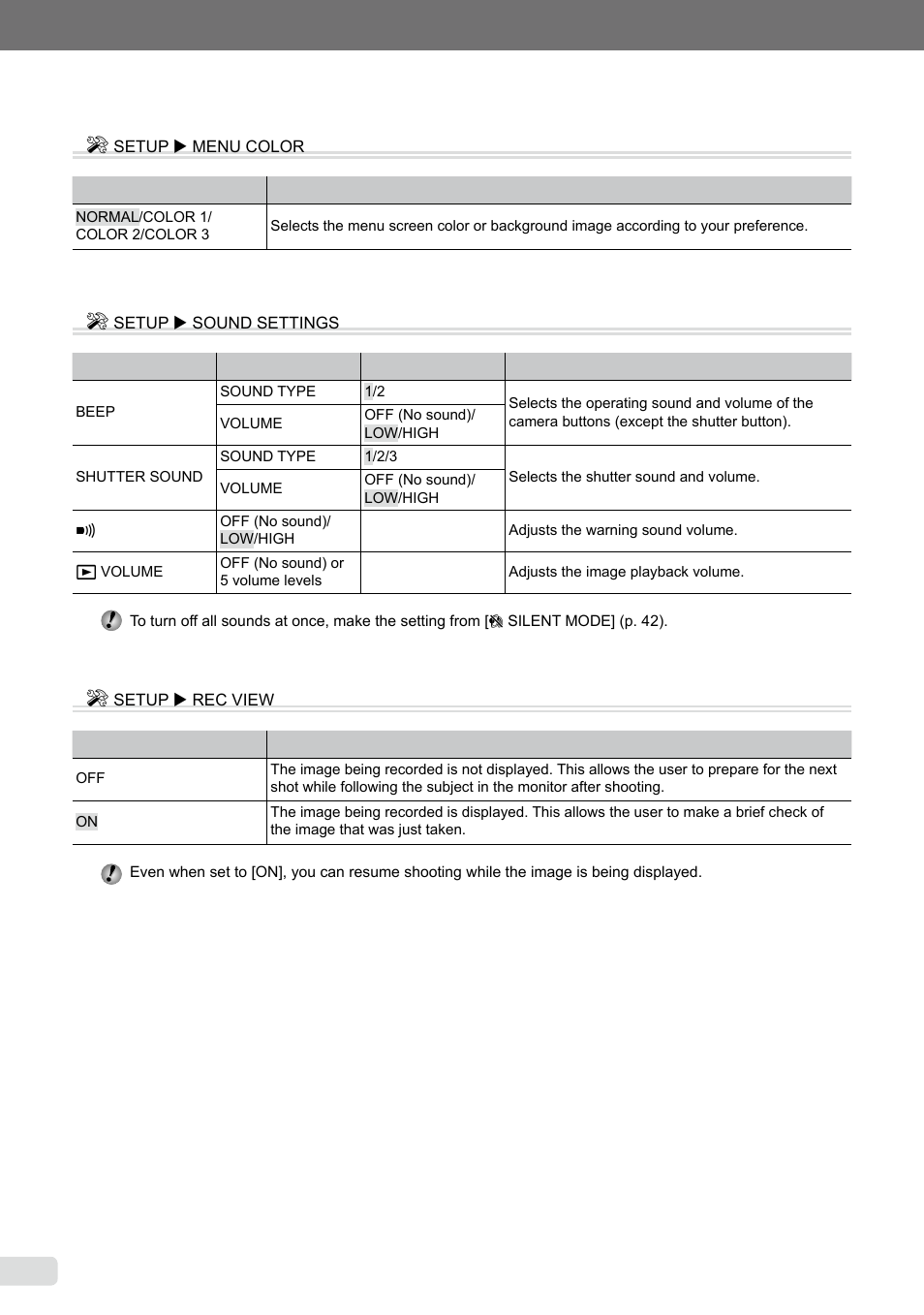 Selecting the menu screen color and background, Selecting the camera sound and its volume, Viewing the image immediately after shooting | 38 en | Olympus µ-7000 User Manual | Page 38 / 68