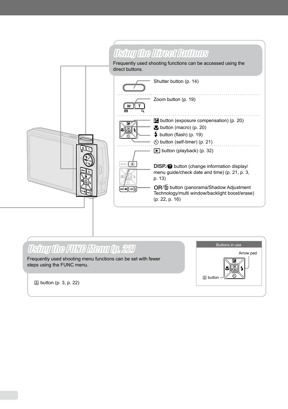 Using the func menu (p. 22), Using the direct buttons | Olympus µ-7000 User Manual | Page 4 / 68