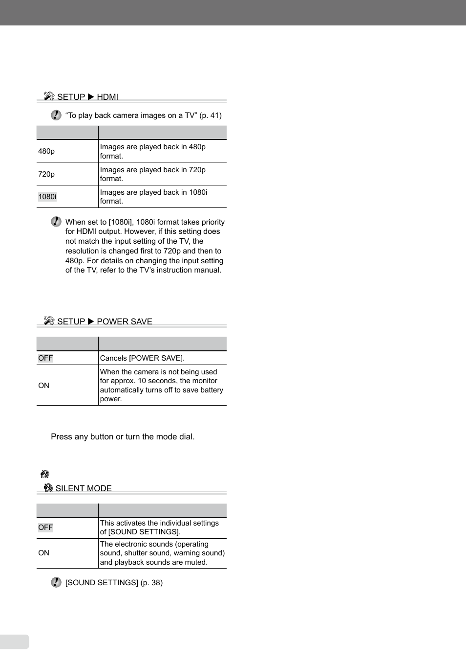 Saving battery power between shots, Turning off the camera sounds, 4 en | Saving battery power between shots [power save] e, Turning off the camera sounds [ f silent mode] f | Olympus µ-7000 User Manual | Page 42 / 68