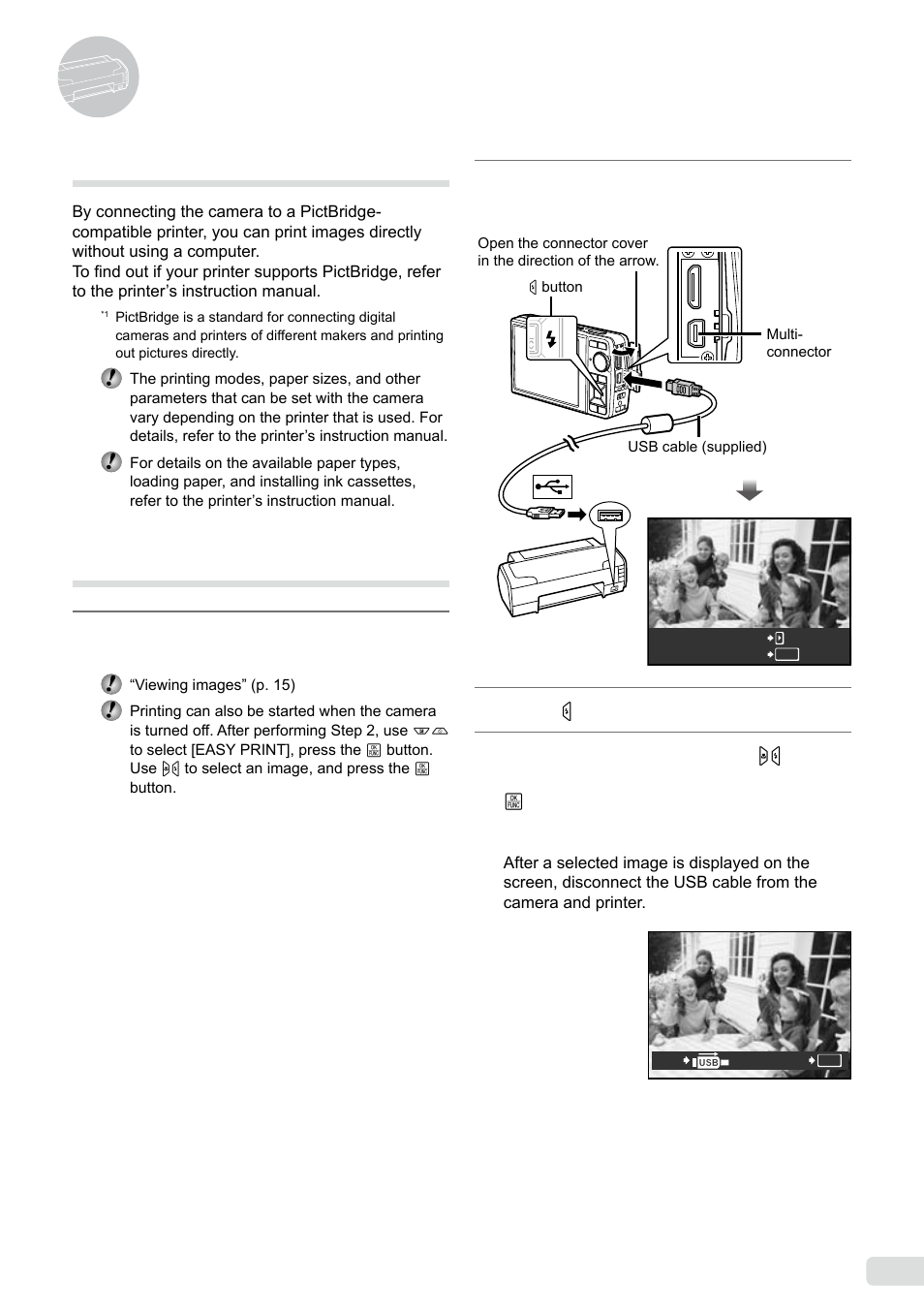 Printing, Direct printing (pictbridge), Printing images at the printer’s standard settings | 43 en, Direct printing (pictbridge | Olympus µ-7000 User Manual | Page 43 / 68