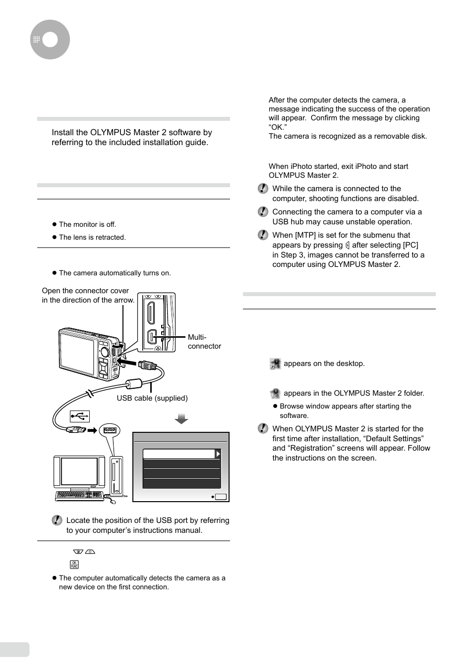 Using olympus master 2, Connecting the camera to a computer, Starting olympus master 2 | Using olympus master, 48 en | Olympus µ-7000 User Manual | Page 48 / 68