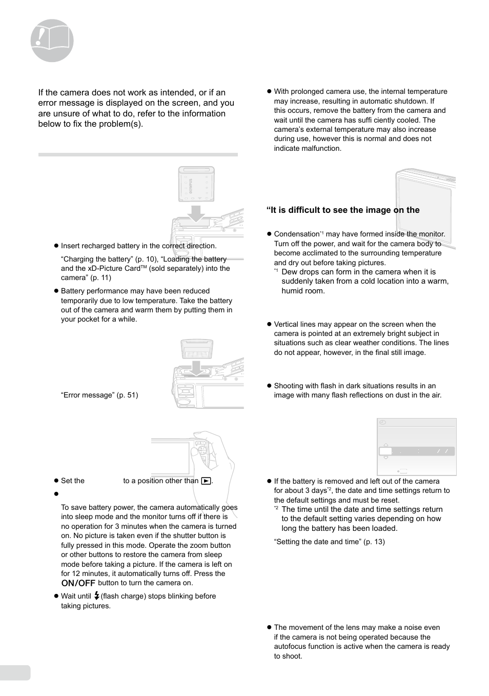 Usage tips, Troubleshooting, 50 en | Battery, Shutter button, Monitor, Date and time function, Other | Olympus µ-7000 User Manual | Page 50 / 68