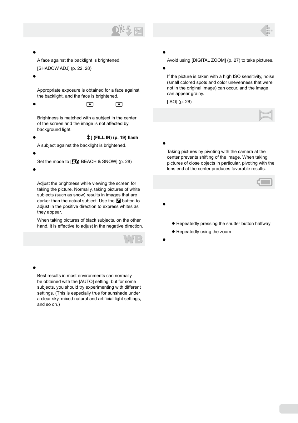 Exposure (brightness), Color hue, Image quality | Panorama, Batteries, 53 en | Olympus µ-7000 User Manual | Page 53 / 68