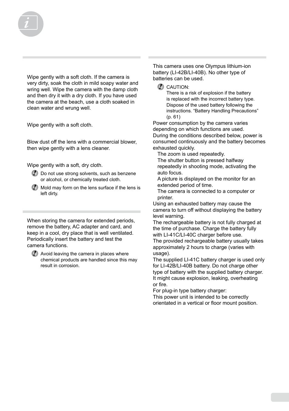 Appendix, Camera care, Storage | Battery and charger, 55 en | Olympus µ-7000 User Manual | Page 55 / 68