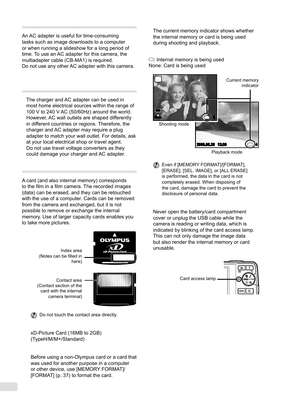 Using an ac adapter, Using your charger and ac adapter abroad, Using an xd-picture card | 56 en using an ac adapter | Olympus µ-7000 User Manual | Page 56 / 68