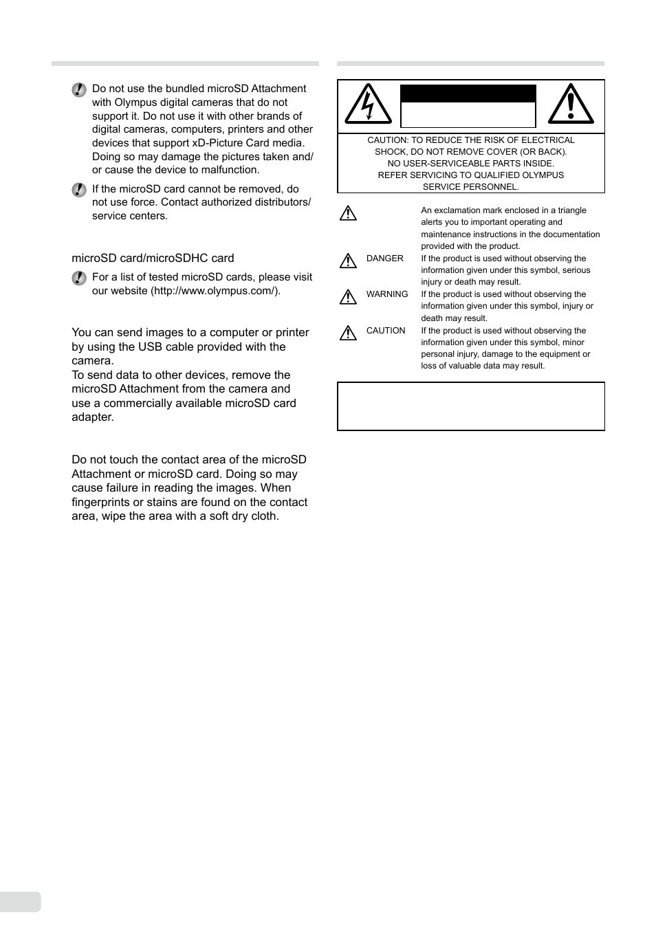 Using a microsd attachment, Safety precautions, 58 en using a microsd attachment | Olympus µ-7000 User Manual | Page 58 / 68